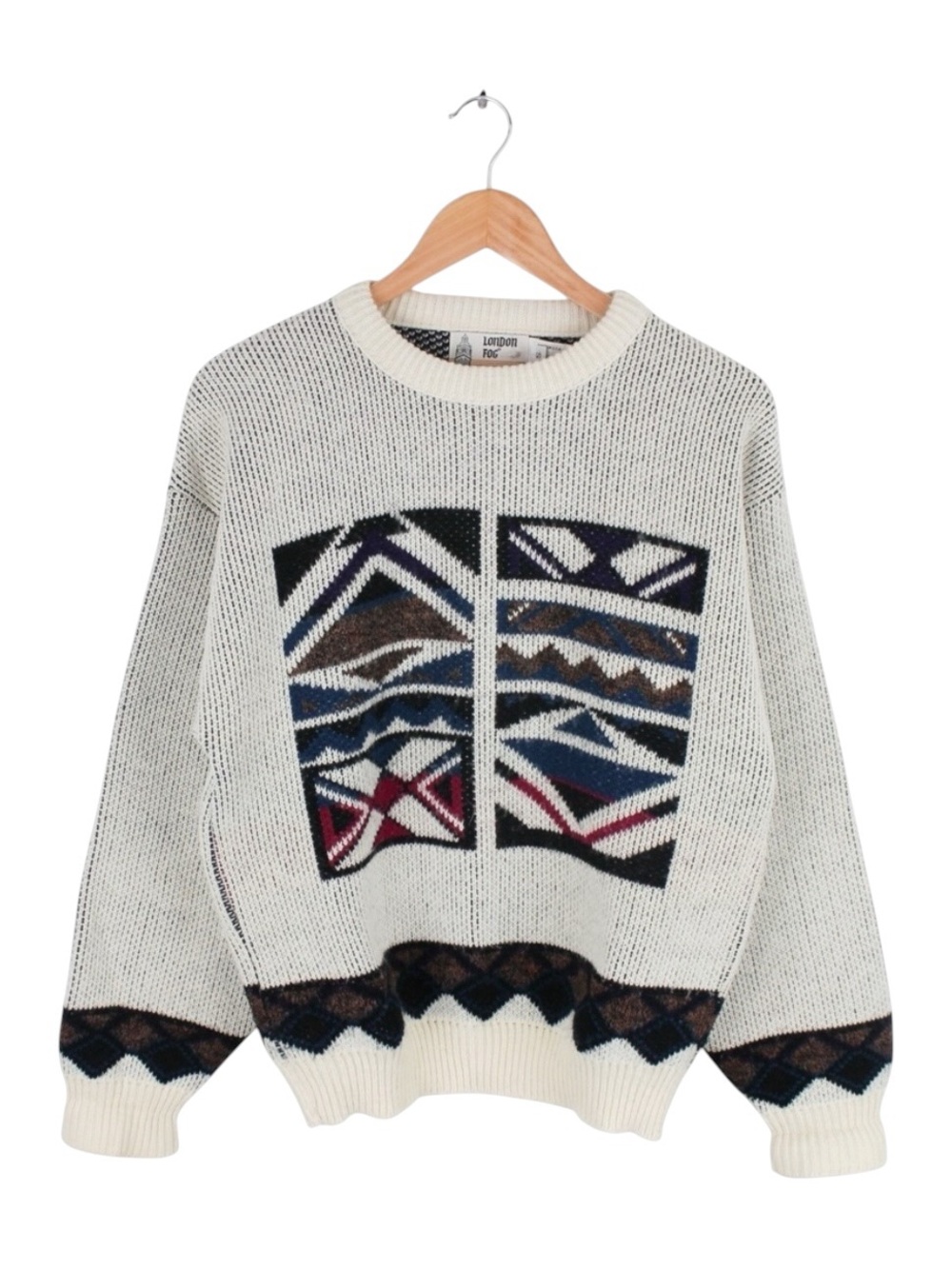 Vintage London Fog Geometric Sweater Ivory Acrylic Crewneck Abstract Mens Small